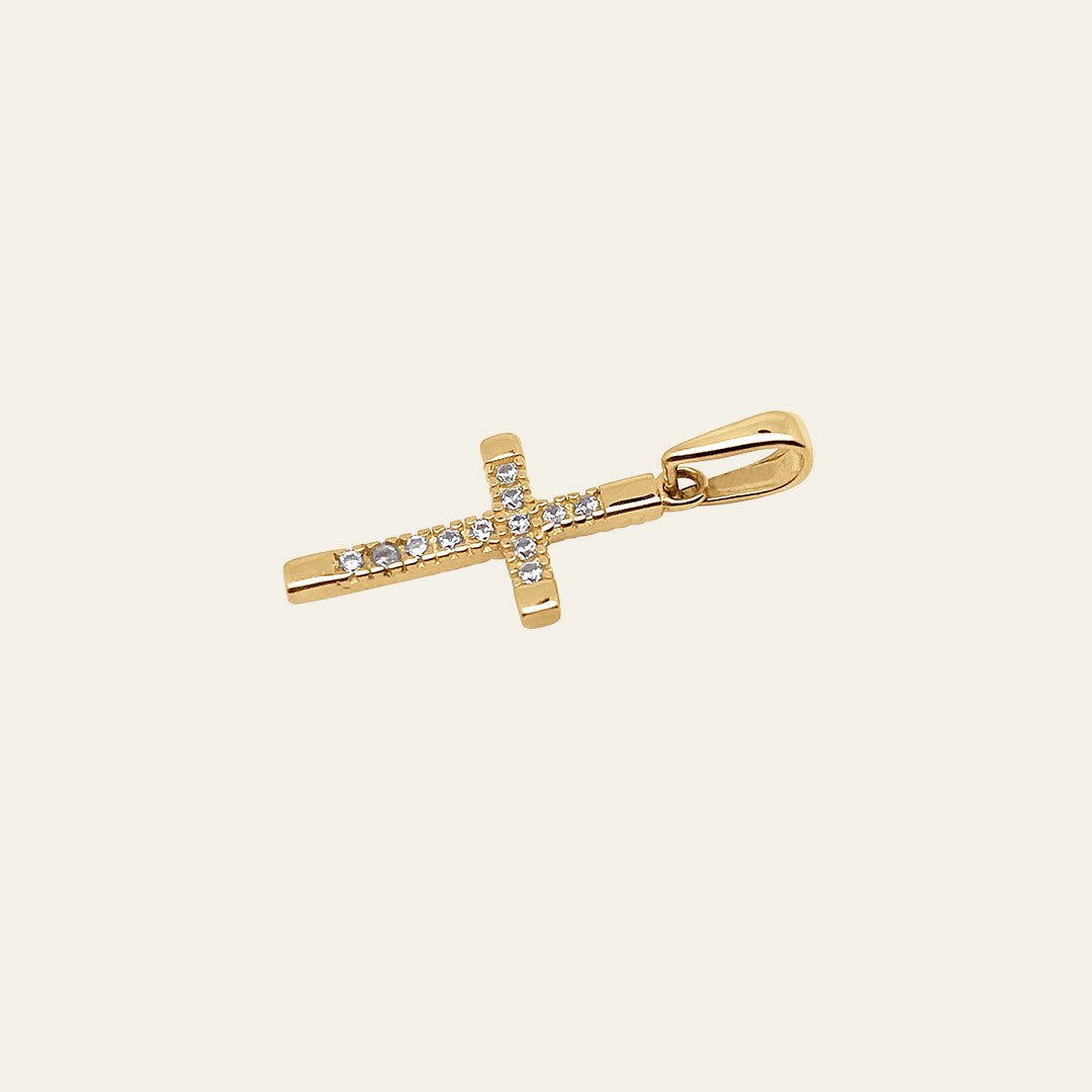 Kreuz Anhänger mit Zirkonia Steinen besetzt aus 14 Karat Gelbgold